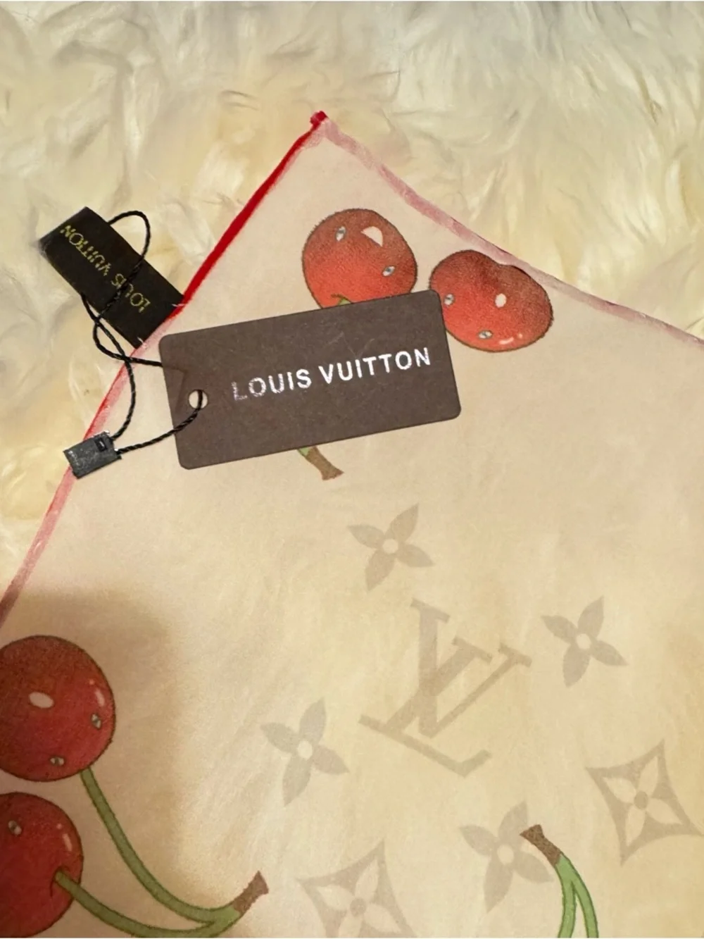 LOUIS VUlTTON 100% silk cherry print monogram scarf 40x40 custom print design